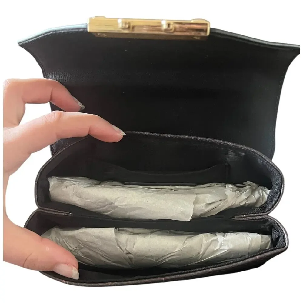 Nicole Miller faux leather Brown Gold mini crossbody chain bag latch closure NWT